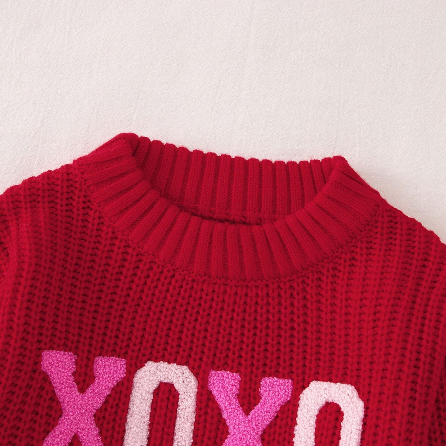 Toddler Girl Valentine'S Day Sweater Xoxo Chenille Patch Knit Sweater Chunky Long Sleeve Pullover Fall Winter Tops(Red,3T(90))