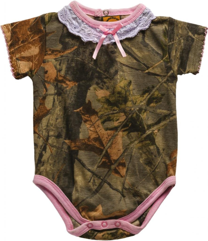 TrailCrest by Treel Newborn Baby Boy Girl Infant Undershirt- Short Sleeve Romper Bodysuit Camo Jumpsuit, 6 Months, Pink & Camo