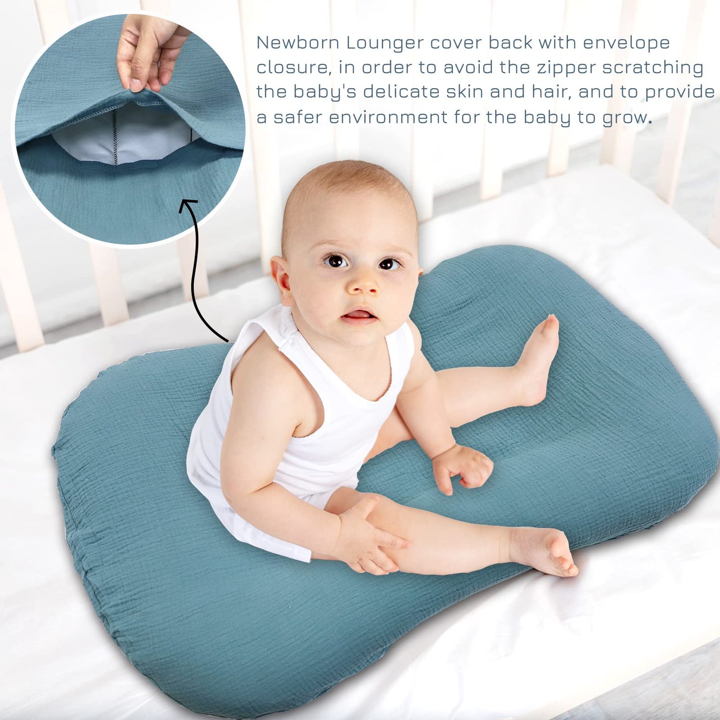 Hooyax Muslin Baby Lounger Cover Soft Organic Cotton Slipcover Fits Newborn Lounger For Baby Boys And Girls (Blue)