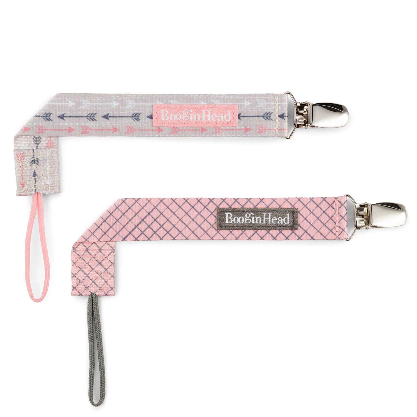 Booginhead Pacifier Clip Baby Pacifier Holder Pacigrip 2-Pack, Pink Arrows