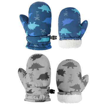 Fynnsure Toddler Mittens Baby Waterproof Snow Gloves Kids Ski Snow Gloves Cold Weather Mittens For Boys Girls Blue&Gray Dinosaur