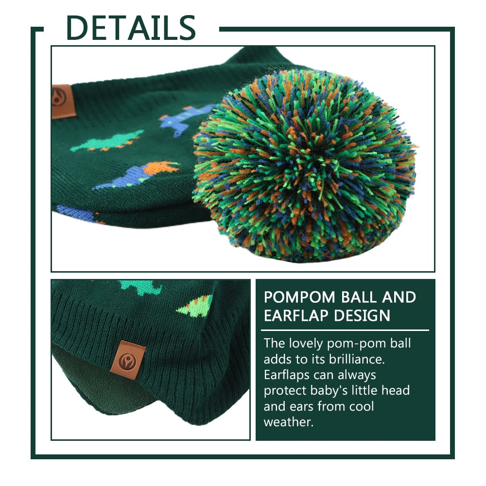 Jangannsa Knitted Baby Hat Scarf Set Winter Warm Boys Girls Beanie Fleece Lining Toddler Kids Hats With Pompom(Dark Green Dinosa