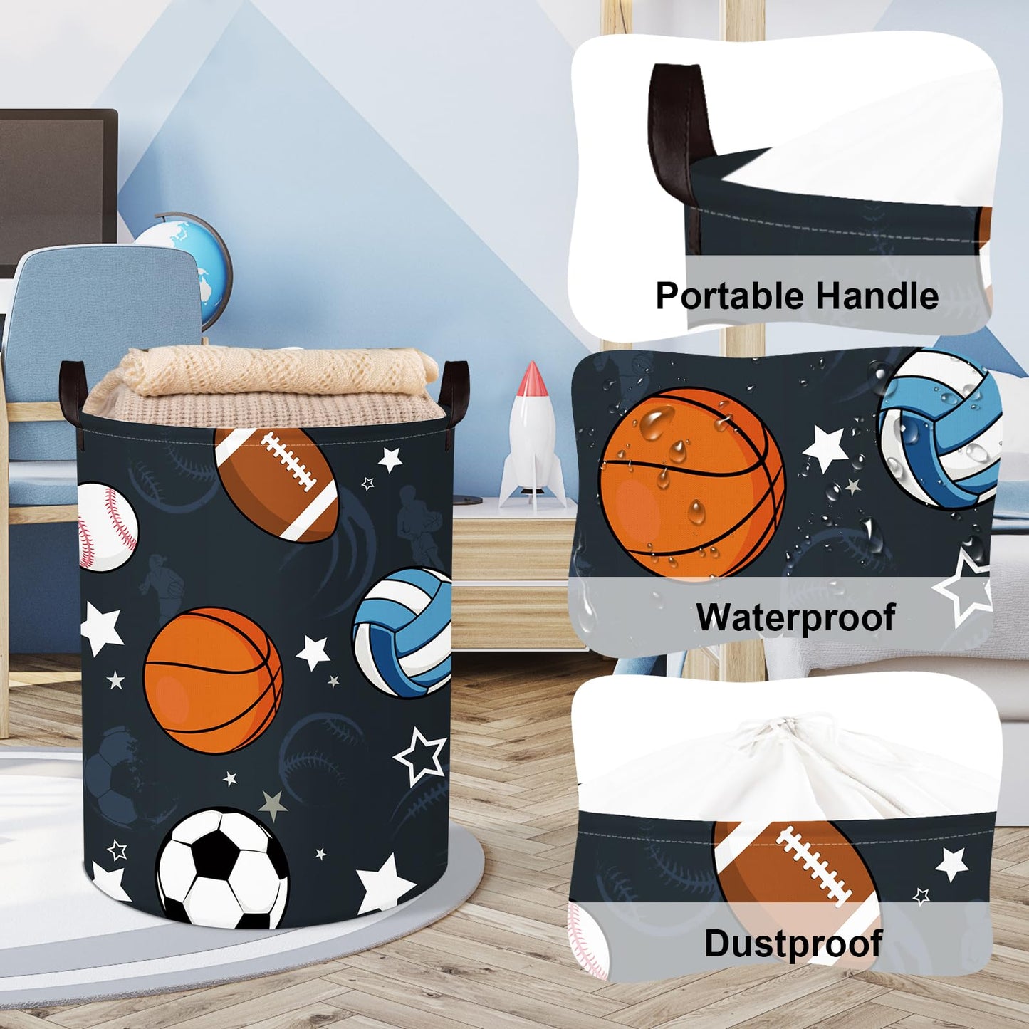 Clastyle 63L Large Sport Balls Kid Laundry Hamper With Handle For Boy Collapsible Clothes Toy Storage Basket With Lid For Bedroo