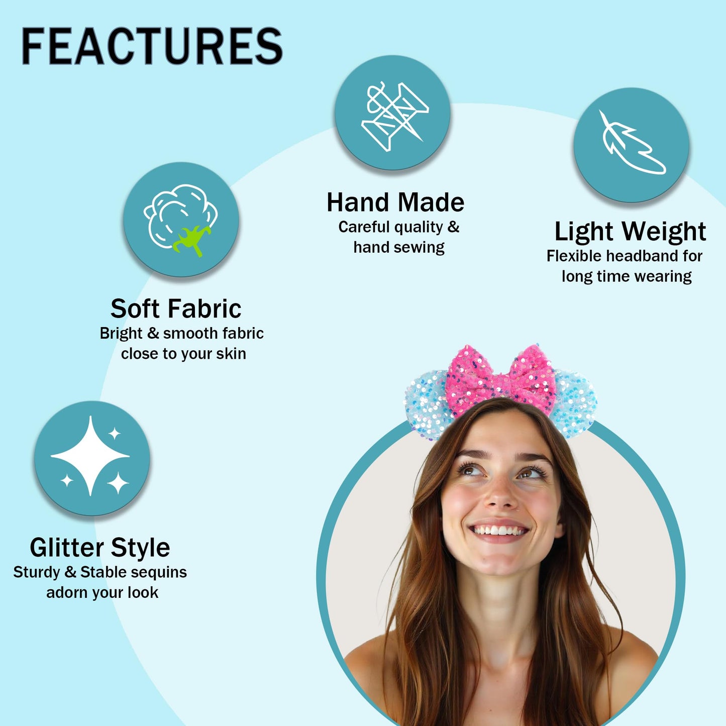 zhezesmila Sparkling Mouse Ears Sequin Bow Ears Headband for Women Hair Band Dazzling Accessories Headwear for Princess Costume