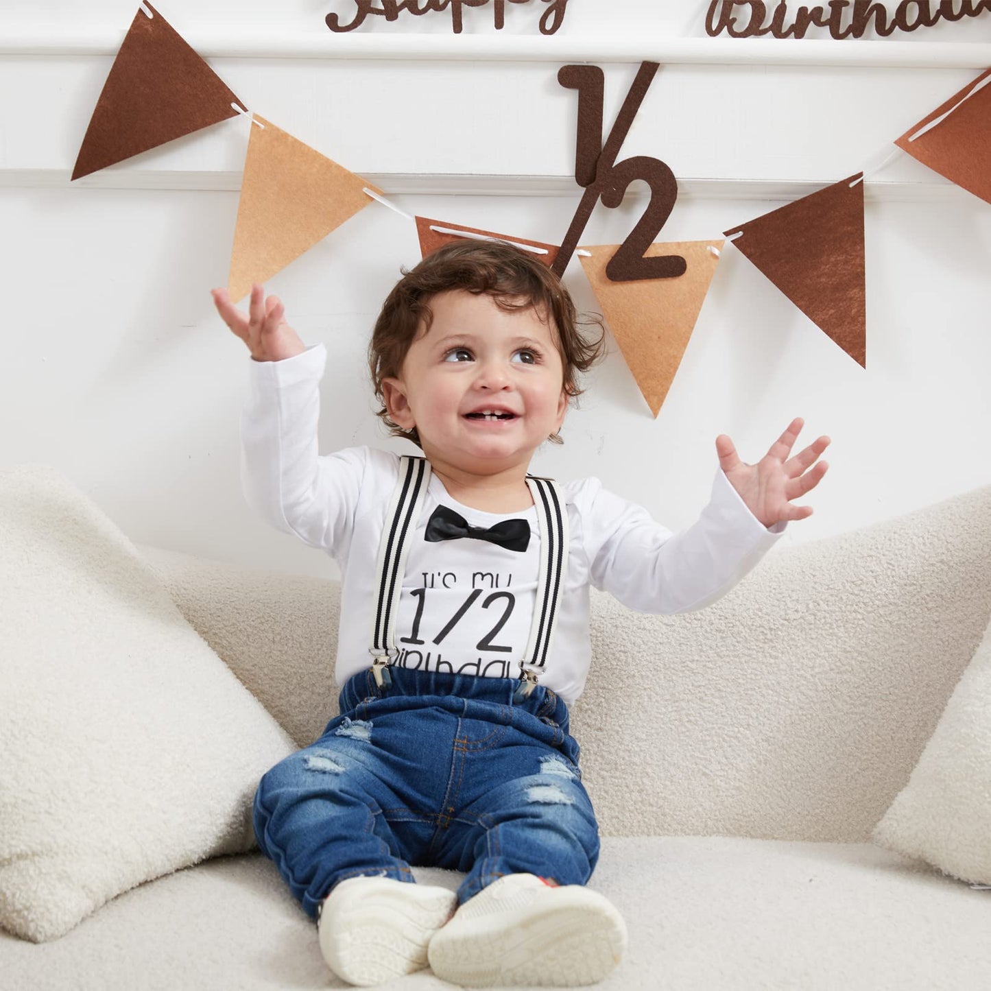 Pinleck Toddler Baby Boy Birthday Clothes Set Bowtie Romper Suspenders Ripped Denim Pants Outfits (Half Birthday-2Long, 12-18 Mo