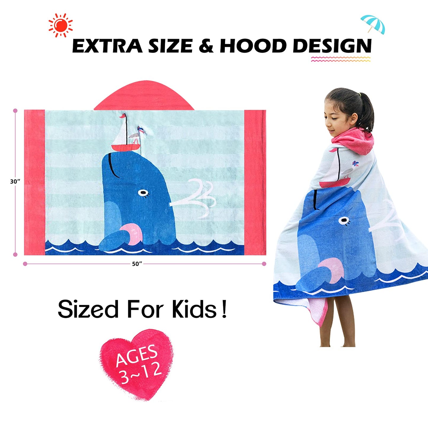Bangsaur Kids Hooded Pool Towels, Cotton Large Beach Bath Swiming Towel Wrap, Toddlers Girls 3-12 Years Cover Up Dolphin