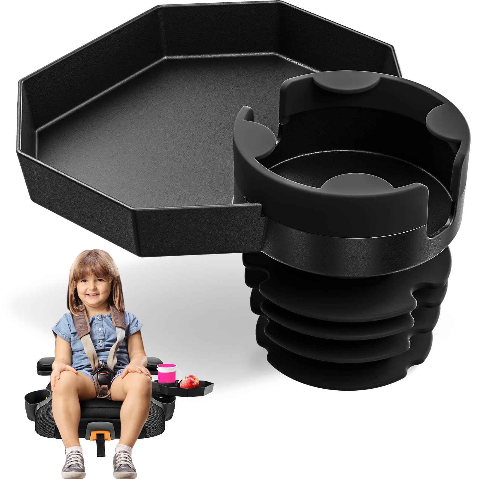 Kids Travel Tray - Large Base - Car Seat And Car Cup Holder Tray - Tray For Snacks, Entertainment, Toys - Includes Cup Holder -