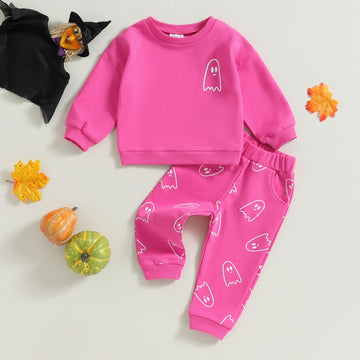 Toddler Baby Girl Boy Halloween Clothes Pumpkin Shirt Ghost Sweatshirt Pants Fall Outfit Baby Halloween Costumes (Rose Pink Ghos