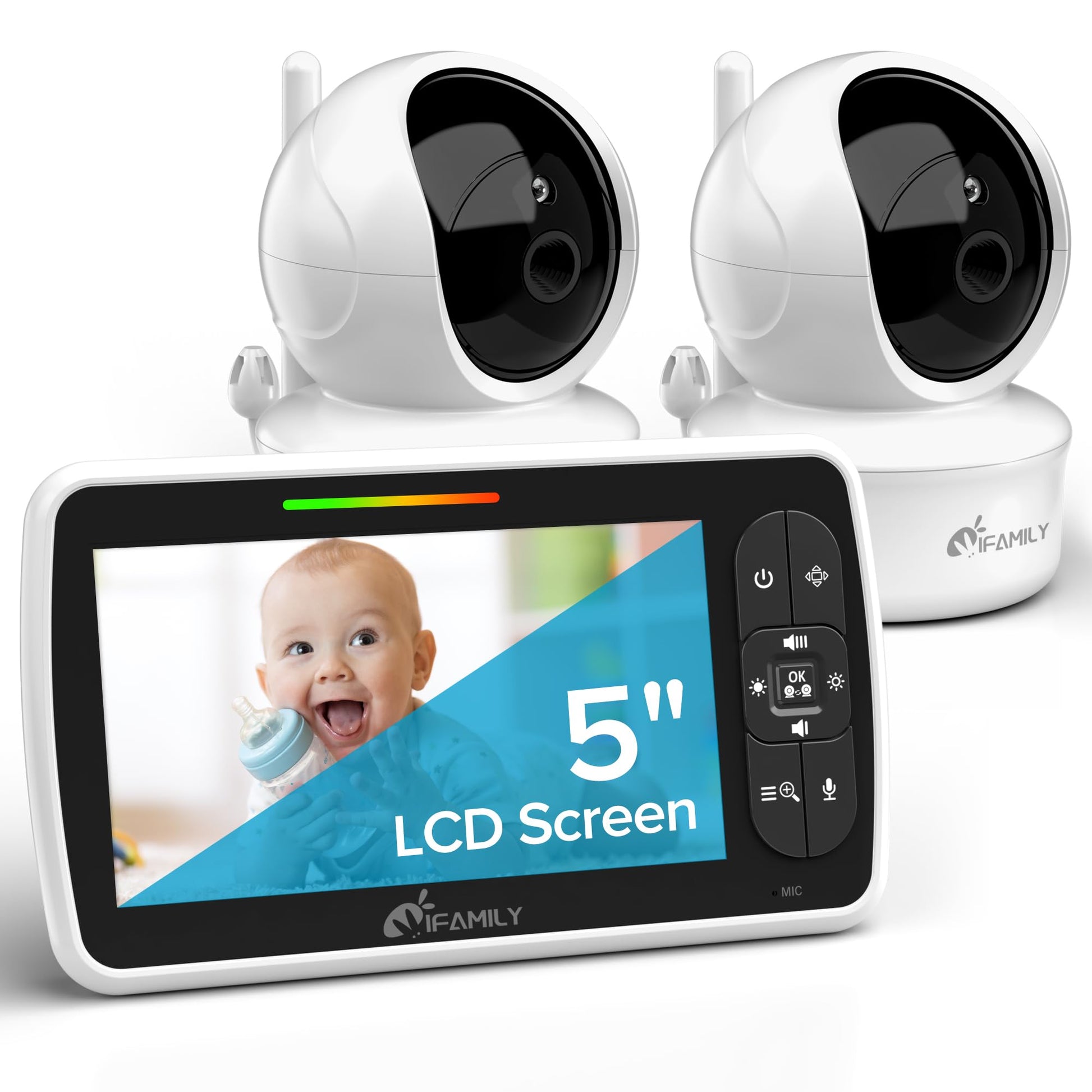 Ifamily Baby Monitor With 2 Cameras | Remote Pan-Tilt-Zoom Video Baby Monitor With Camera And Audio, 5    Large Display, Night V