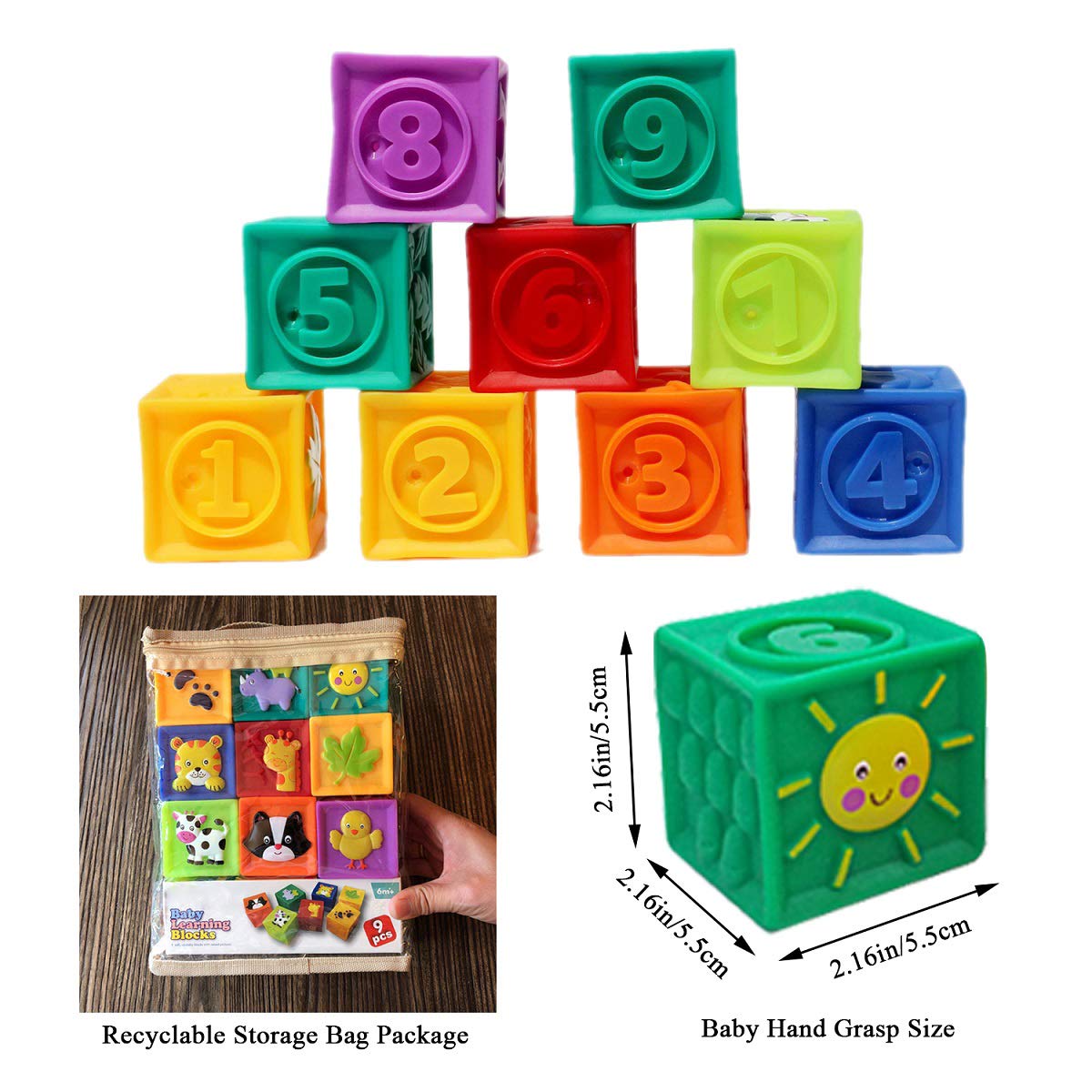Kingtree Baby Blocks, 9PCS Soft Squeeze Building Blocks Stacking Toys for 6+ Months Babies, Baby Teething Chewing Educational Bl