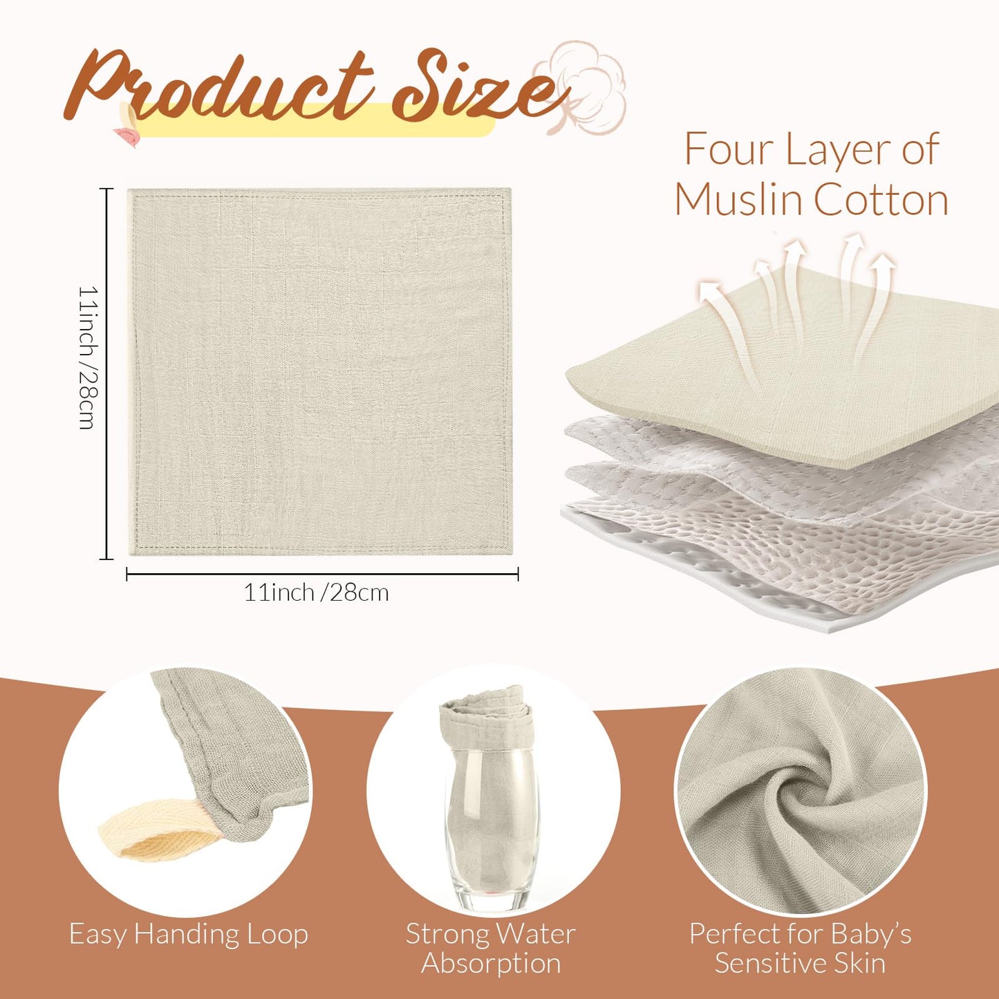 Preboun 6 Pcs Baby Muslin Hooded Bath Towels And Washcloths 32 X 32 Inch Cotton Baby Bath Towel With Hood Absorbent 11 X 11 Inch