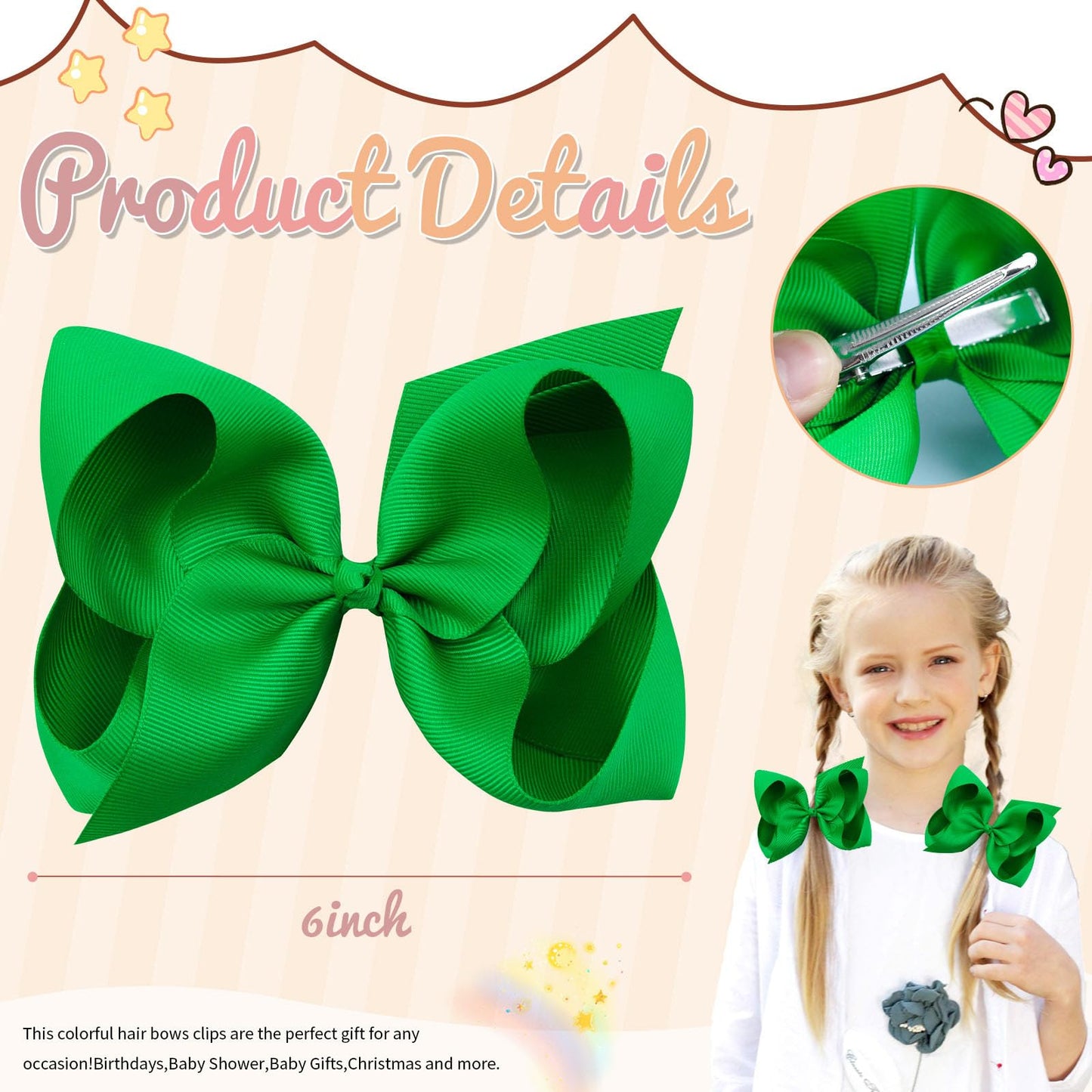 2Pcs Oaoleer Green Layered Grosgrain Ribbon Hair Accessories - Alligator Clips And Barrettes For Baby Girls, Infants, Toddlers,