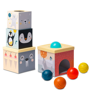 Taf Toys Toddlers Object Permanence Ball Drop Stacker, Made of Strong & Durable Cardboard Box & Plastic Cover Perfect Developmen