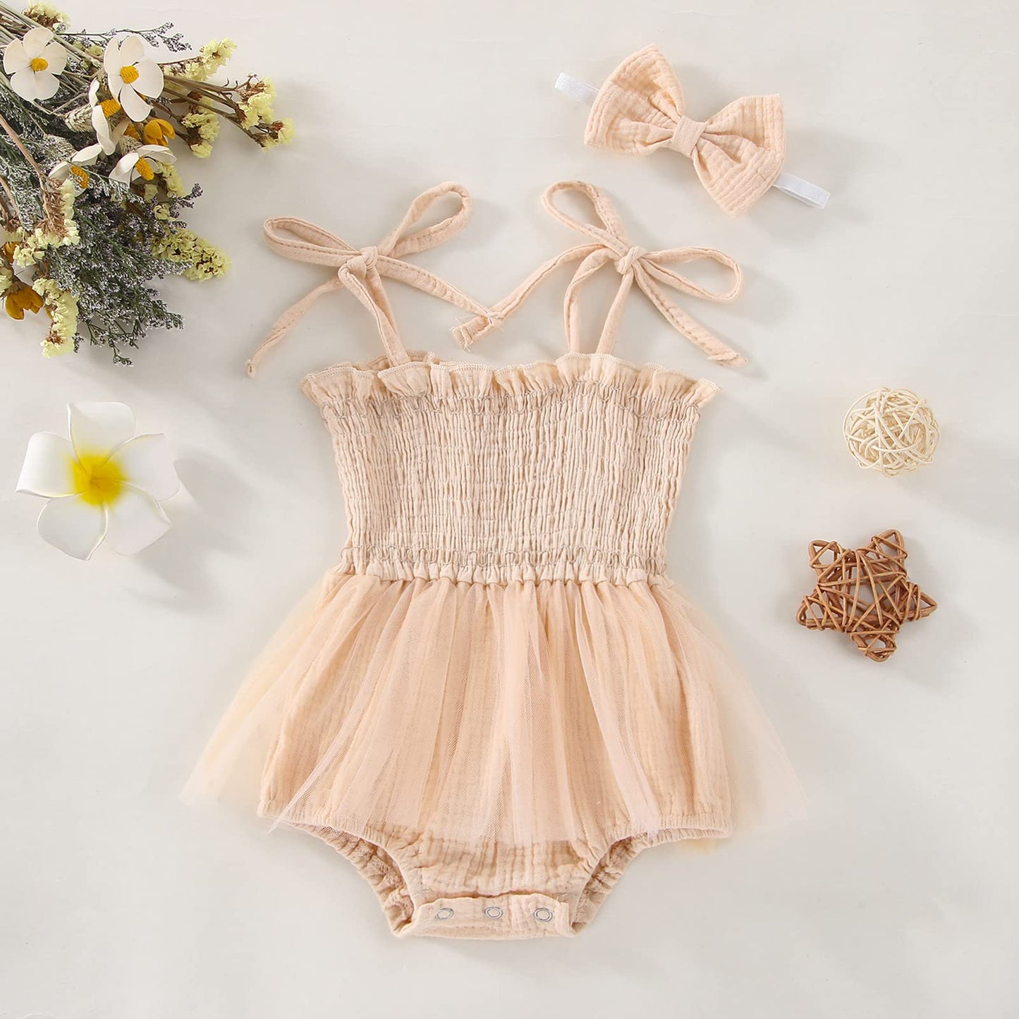Meihuida Newborn Baby Girl Sleeveless Romper With Headband Summer Clothes Cotton Linen Bodysuit Tulle Tutu Skirt Apricot 0-3 Mon