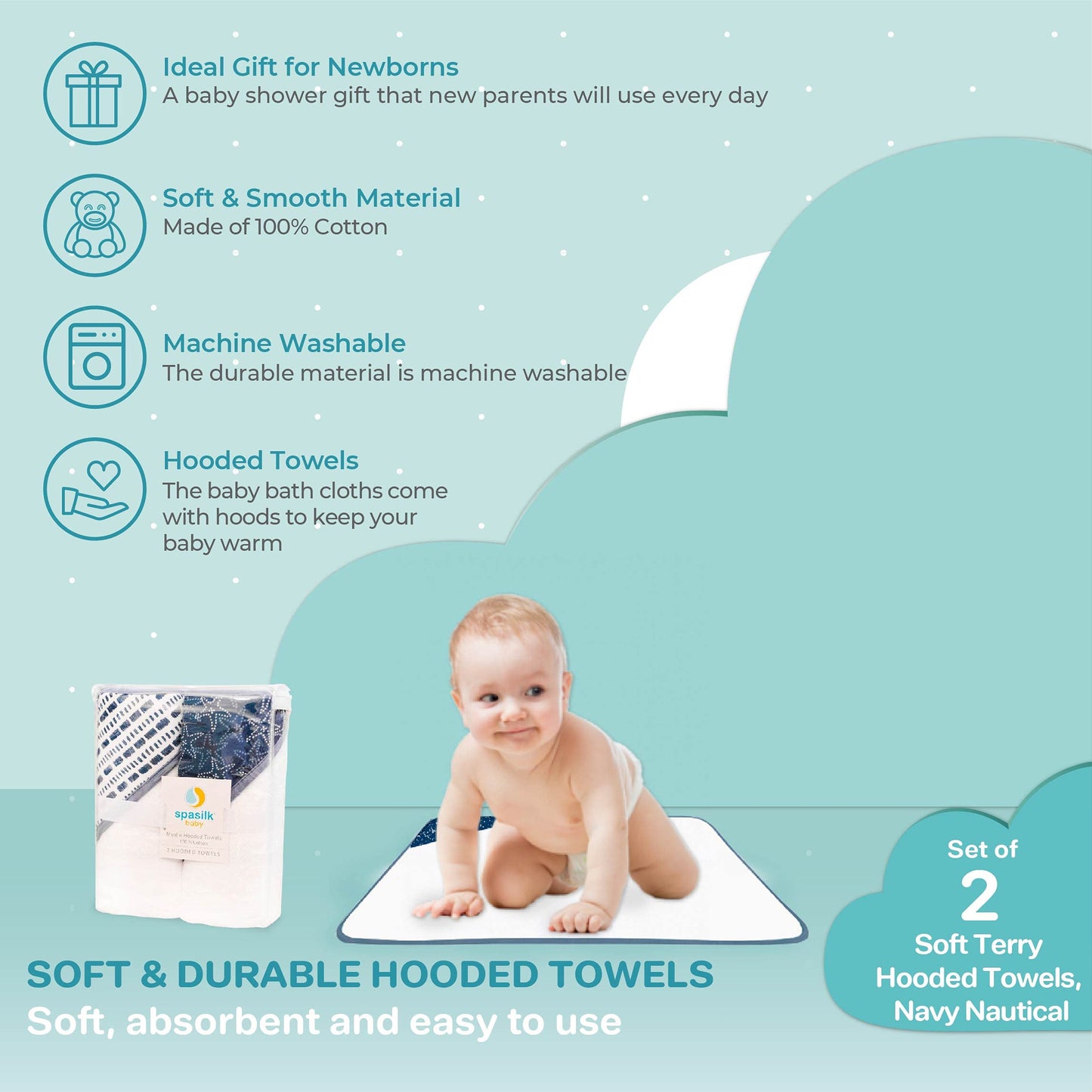 Spasilk Baby 2 Pack Soft Terry Towel With Muslin Printed Hood