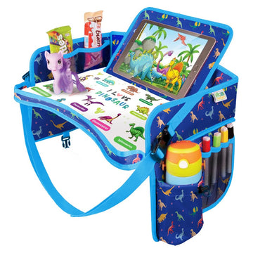 ECOFANTASY Kids Travel Tray - Waterproof Car Table with No-Drop Large Tablet Holder - Car Seat Tray - Road Trip Must Haves - Lap