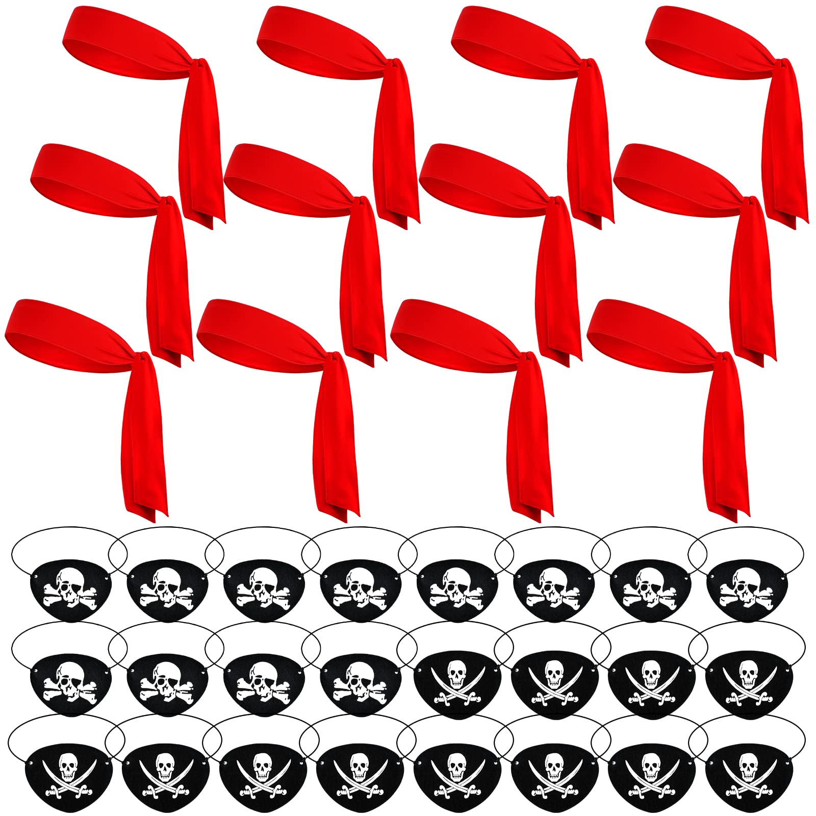 36 Pcs Halloween Pirate Party Supplies, Pirate Accessories Include 12 Red Pirate Head Bandana Tie Headband Sports Headwear Ties