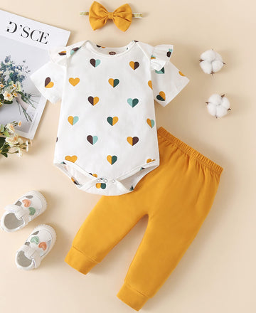 Fullfamous Baby Girl Clothes Gifts Outfits,Spring Summer Short Sleeve Romper And Pant Set Yellow Heart Newborn