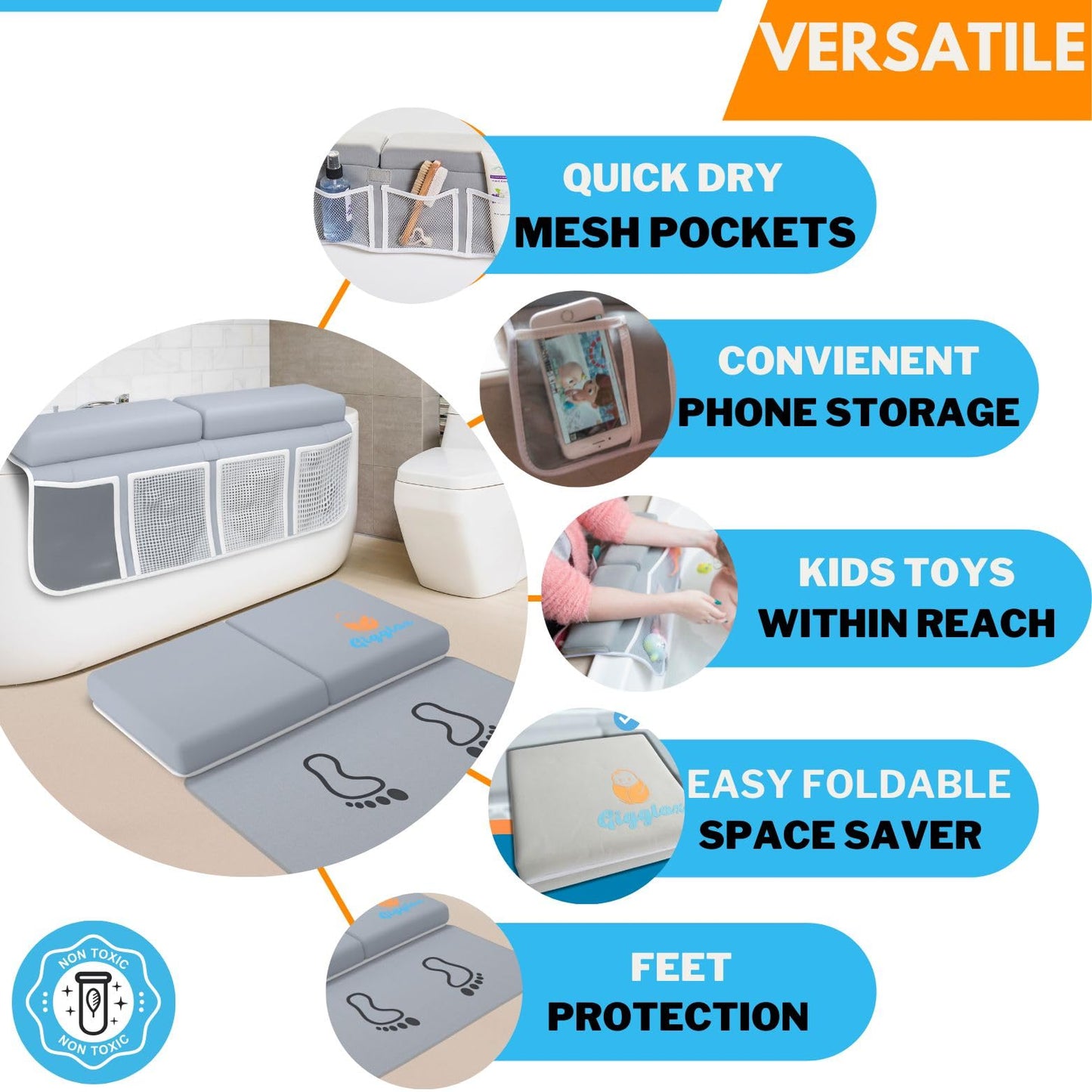 Baby Bath Kneeler And Elbow Rest Pad Set With Feet Protection, Comfortable Thick Bathtub Kneeling Pad For Bathing Babies, Elbow