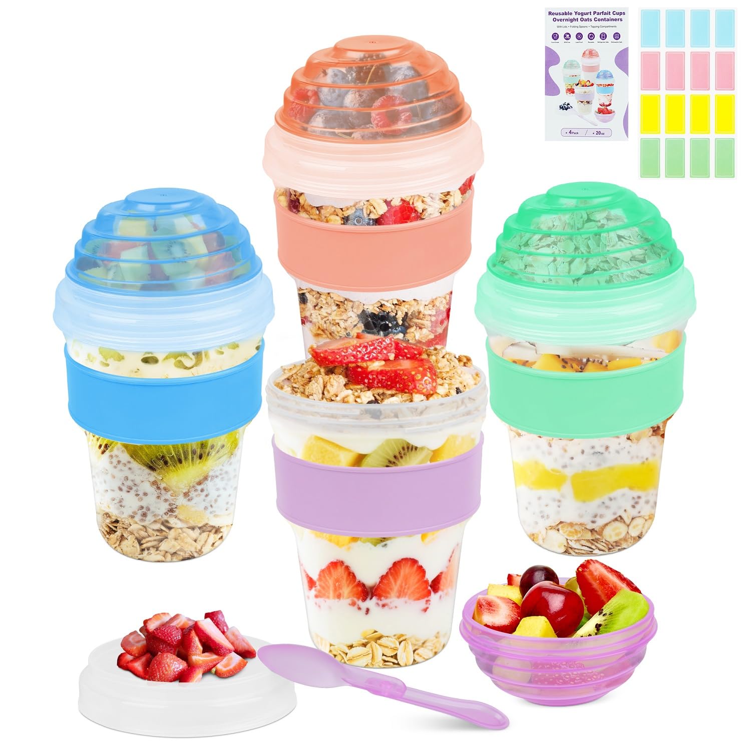 4 Pack Yogurt Parfait Cups With Lids Reusable 20 Oz Overnight Oats Containers With Lids Folding Spoons Toppings Compartments Pla