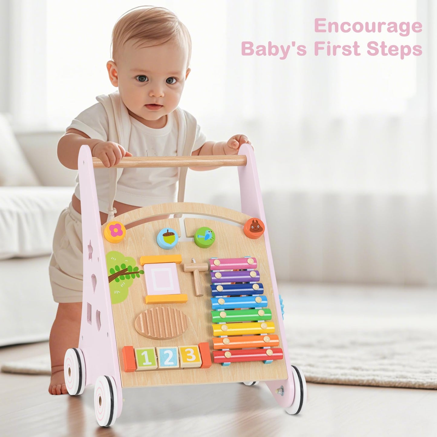 INFANS Wooden Baby Walker, Montessori Walker with Multiple Activity Toys, Storage, Push Walker Toys for Infant Learning to Walk,
