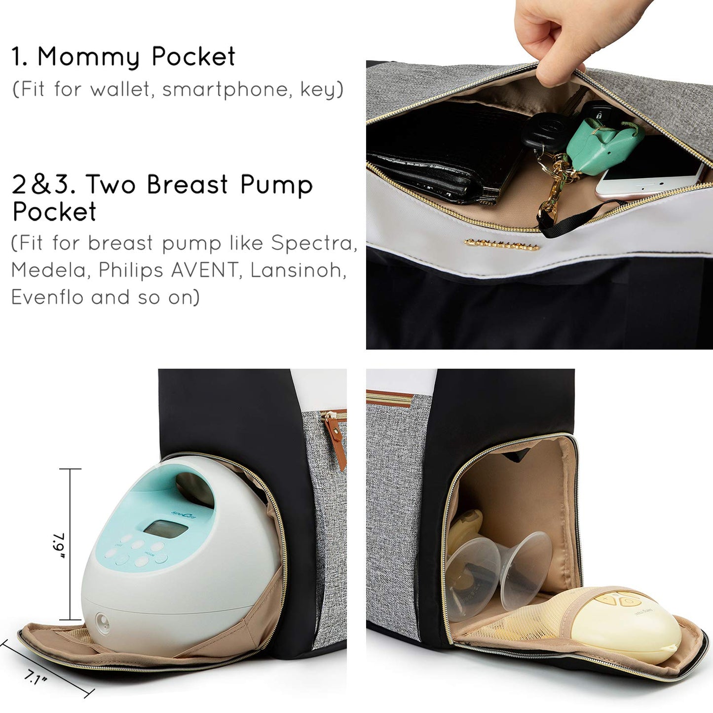 Mommore Breast Pump Bag Diaper Tote Bag With 15 Inch Laptop Sleeve Fit Most Breast Pumps Like Medela, Spectra S1,S2, Evenflo (Br