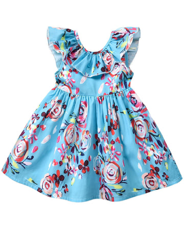 Fioukiay Toddler Baby Girls Floral Casual Dresses Clothes Holiday Beach Sundress Skirts Spring Overall Outfits(Blue&Floral,0-6Mo