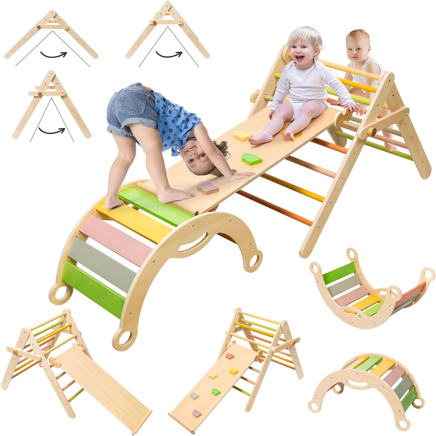 Deli 7 In 1 Pikler Triangle Set, Large Size Toddler Climbing Triangle Set, Wooden Baby Jungle Gym Indoor, Foldable Montessori Cl