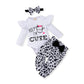 Zoelnic Newborn Baby Girl Clothes Ruffles Long Sleeve Romper Floral Leopard Pants Headband 3Pcs Toddler Outfit Sets(White Leopar
