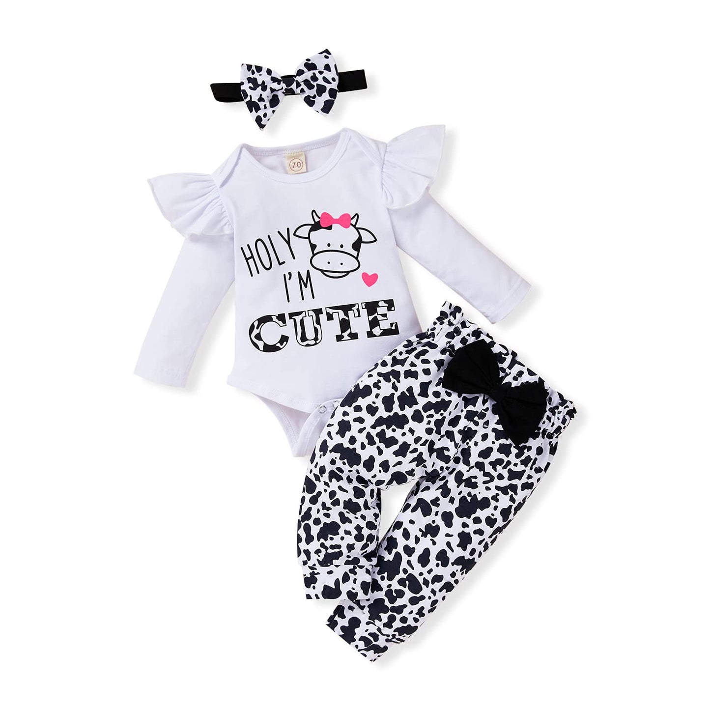Zoelnic Newborn Baby Girl Clothes Ruffles Long Sleeve Romper Floral Leopard Pants Headband 3Pcs Toddler Outfit Sets(White Leopar