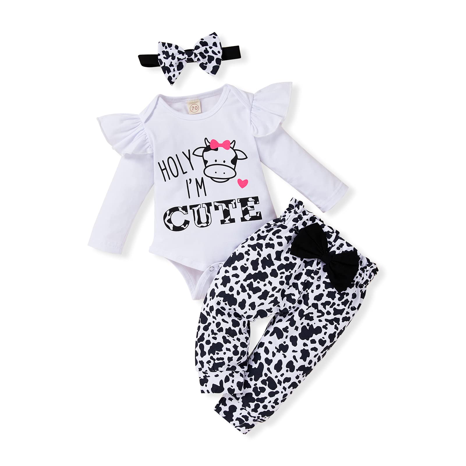 Zoelnic Newborn Baby Girl Clothes Ruffles Long Sleeve Romper Floral Leopard Pants Headband 3Pcs Toddler Outfit Sets(White Leopar
