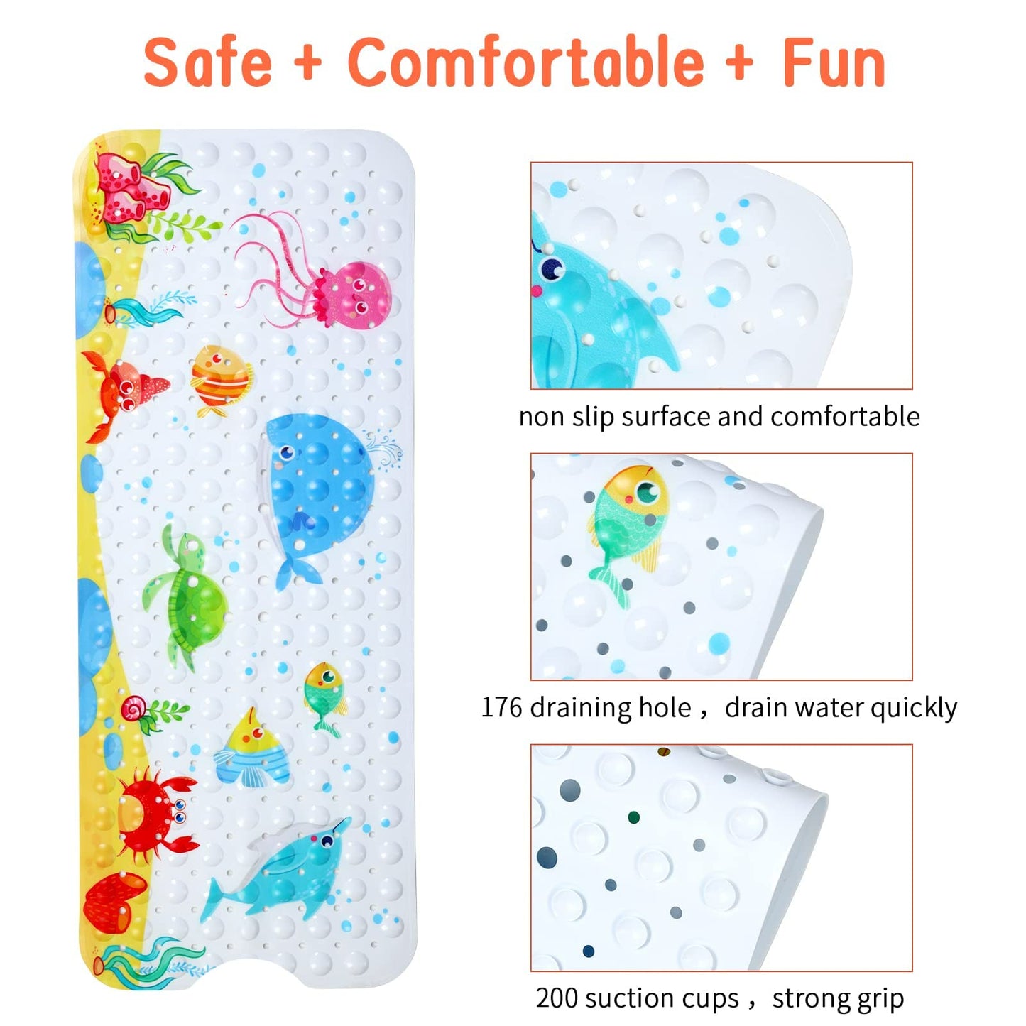 Secopad Kids Bath Mat For Tub Non Slip, 40 X 16 Inch Large Cartoon Whale Anti Slip Toddler Baby Bath Mat, Right Drain