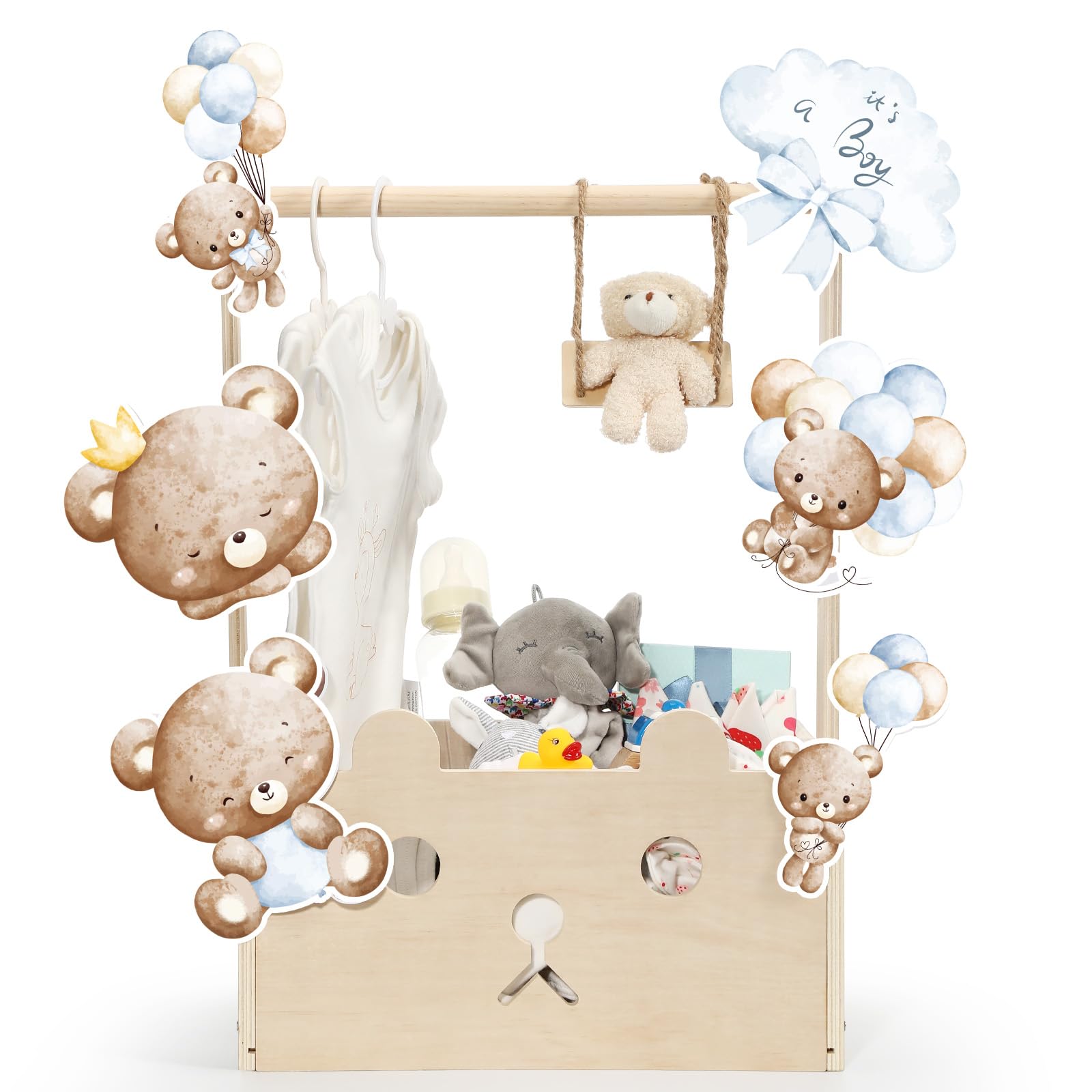 Cinnvoice Baby Shower Bear Gift Baskets with Hanger Rack, Wooden Crate Closet Bear Cards Decoration Crate for Baby Boys Girls Pr