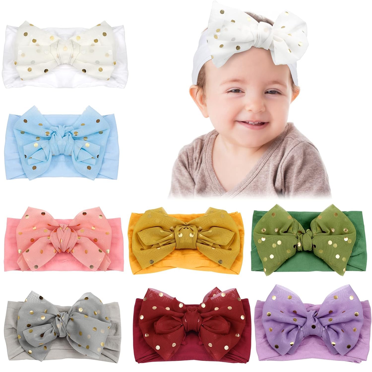 6 Pcs Baby Net Polka Dot Printing Bow Headbands Hairbands Hair Bow Elastics Handmade Hair Accessories For Baby Girls Newborn Inf
