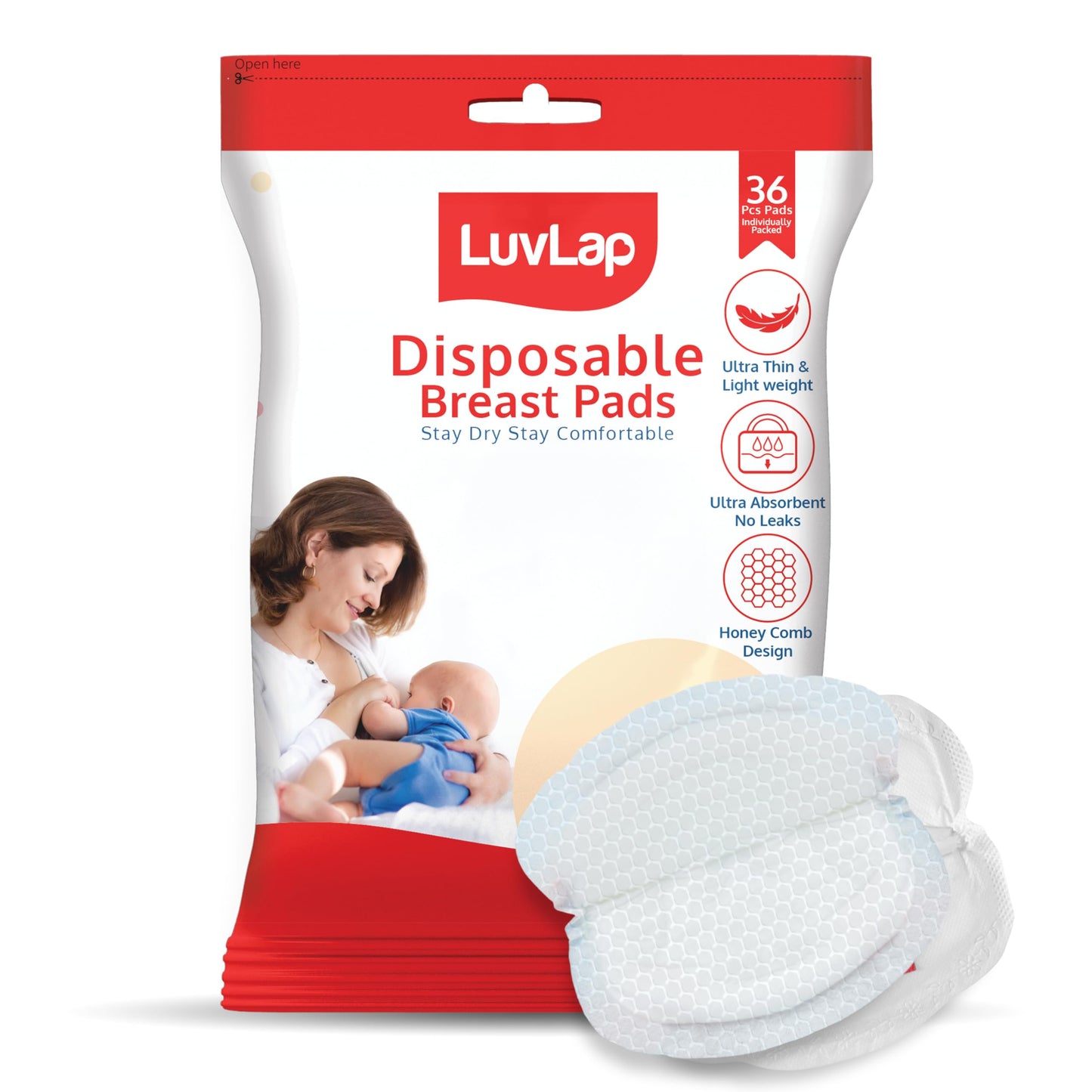 Luvlap Ultra Thin Honeycomb Nursing Breast Pads, 36Pcs, Disposable Maternity Pads, Highly Absorbent & Soft, Discreet Fit Breastf