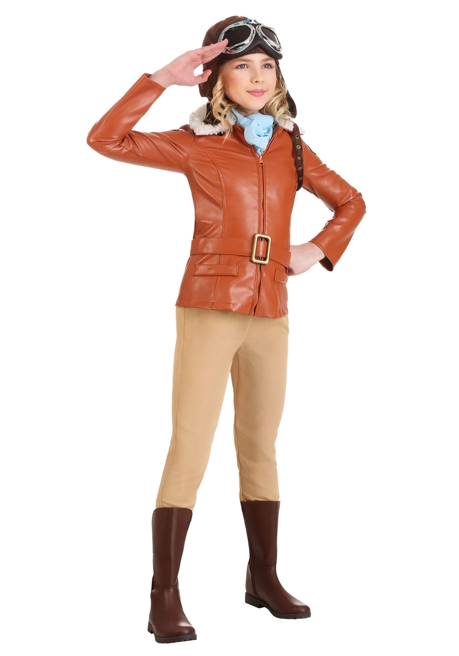 Fun Costumes Youth Deluxe Amelia Earhart Costume, Girls Historical Pilot Iconic Outfit with Jacket, Pants, Hat, Goggles, Scarf X