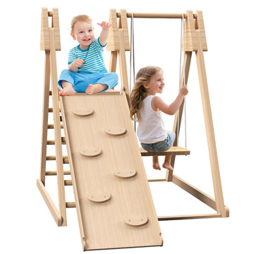4 in 1 Wooden Jungle Gym with Climbing Toys, Stair Slide Swing Set - Outdoor Backyard Playground Equipment Playset for Kids Aged