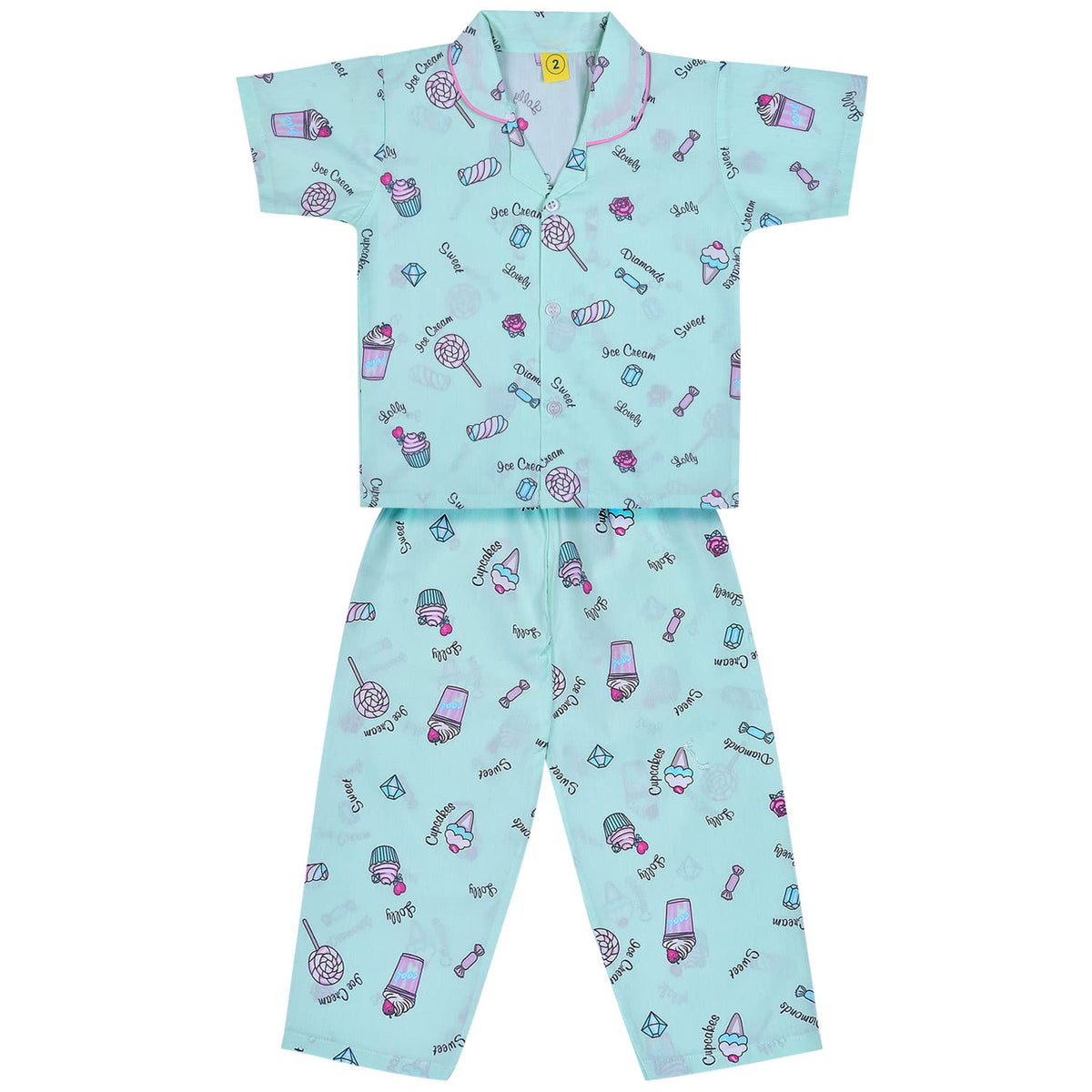 Wish Karo Cotton Night Dress Top & Bottom Pajama Set for Girls(ND35_Sea Green_56yrs)