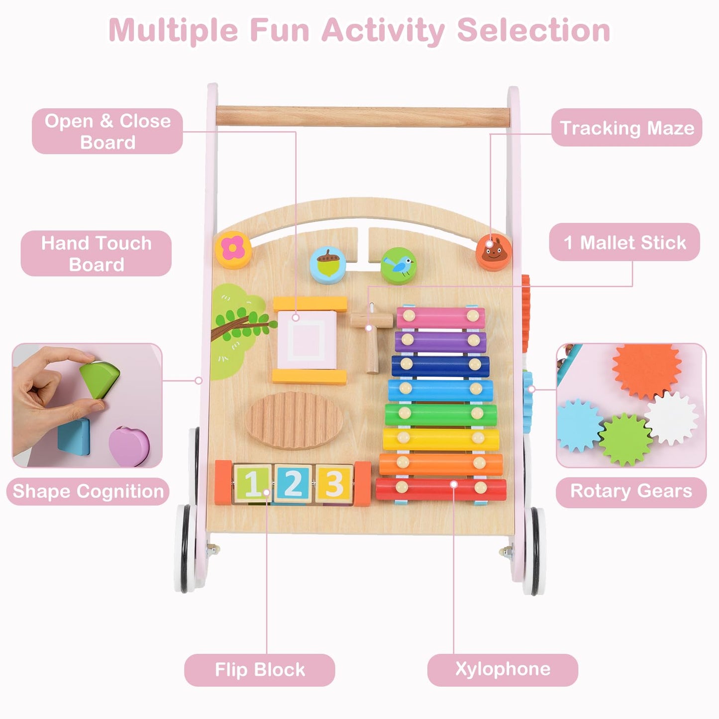 INFANS Wooden Baby Walker, Montessori Walker with Multiple Activity Toys, Storage, Push Walker Toys for Infant Learning to Walk,