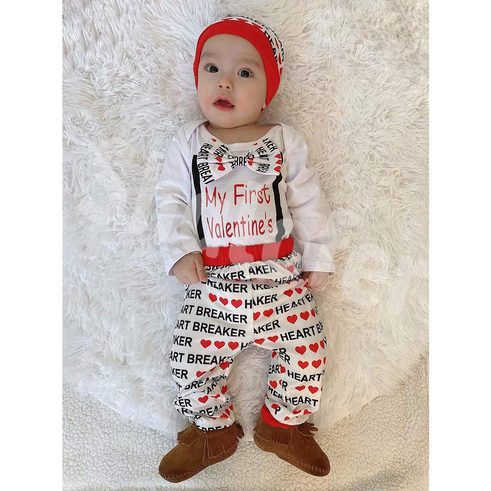 Shalofer Baby Boys My First Valentine'S Day Bodysuit Infant Gentleman Outfit With Hat (White-Valentine,3-6 Months)