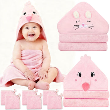 8 Pcs Hooded Baby Towel Set, Soft Baby Bath Towels, 2 Pcs 32x32 in Baby Towel with Hood and 6 PCS Baby Washcloths (Pink)
