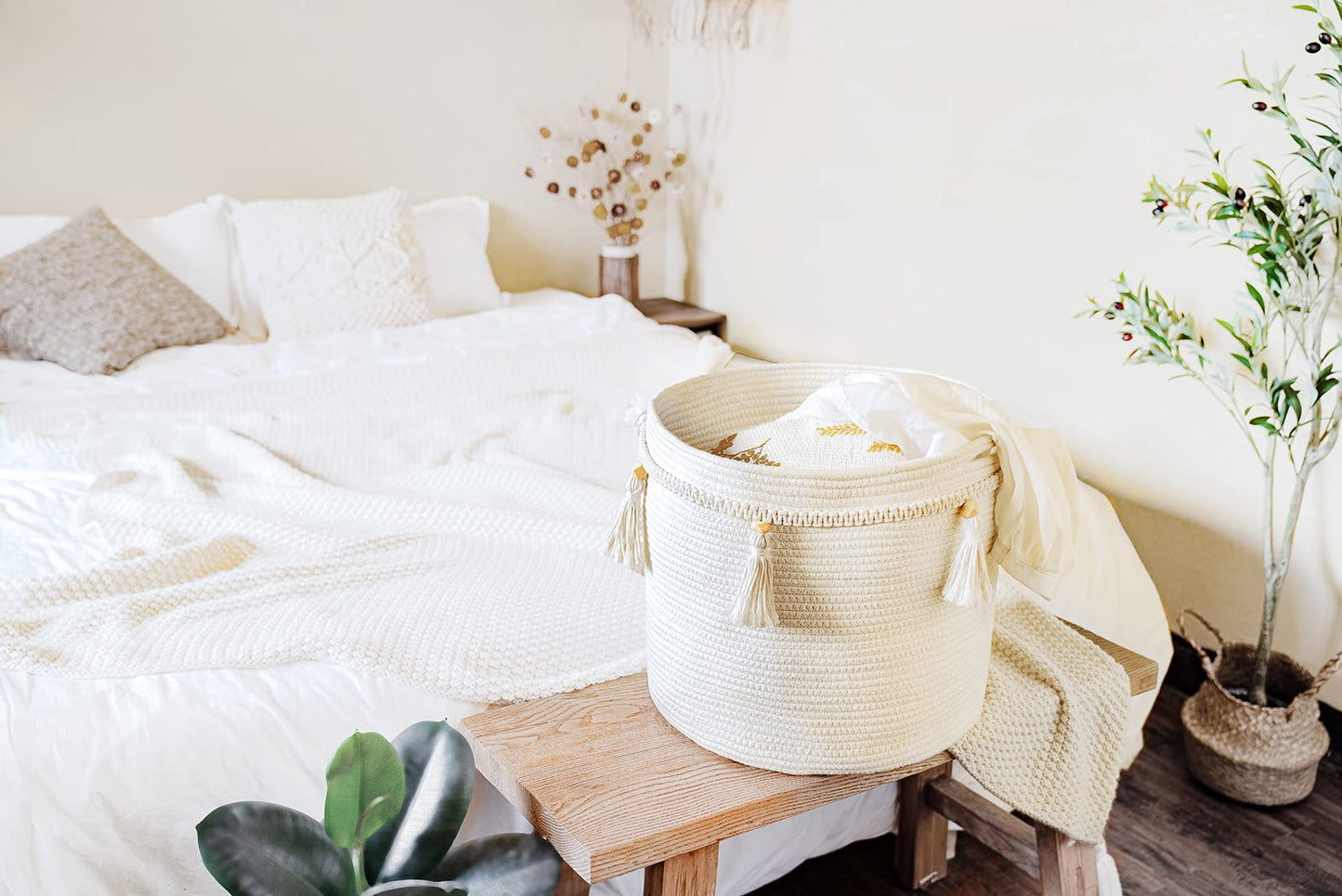 Mkono Macrame Decorative Cotton Rope Basket Boho Cute Woven Tassel Closet Storage Bins Organizer For Nursery,Baby Toys,Blankets,