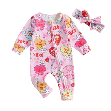 Lamuusaa Newborn Baby Girl Valentines Day Outfit Heart Long Sleeve Romper Zipper Bodysuit Jumpsuit With Headband (Pink, 3-6 Mont
