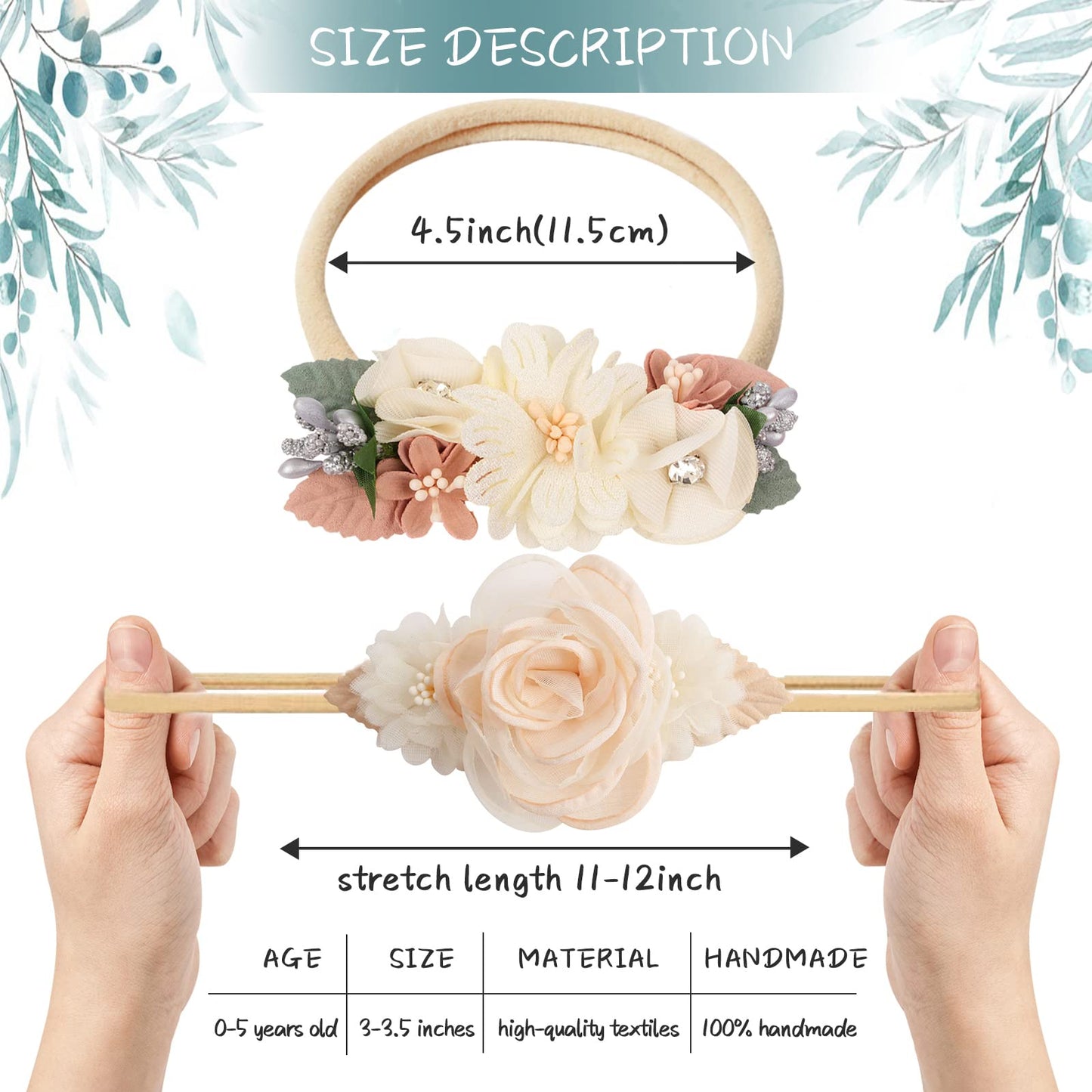 Pabobit Baby Girl Flower Nylon Headband-Elastic Hair Band Handmade Bow For Newborn Infant Toddler Pack Of 3 (Beige)