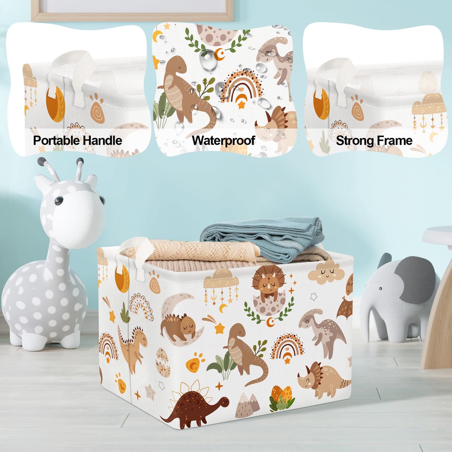 Clastyle Large Boho Dinosaur Boy Basket Rectangle Sleeping Dino Clothes Basket For Bedroom Kid Rainbow Gift Toy Chest Baby Showe