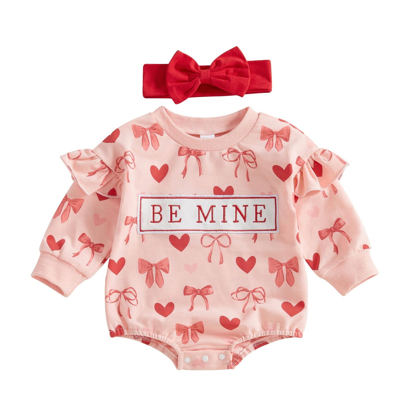 Dcohmch Baby Girl Valentines Day Outfit Long Sleeve Heart Bow Print Romper With Headband Newborn Valentine Clothes (Pink, 0-3 Mo
