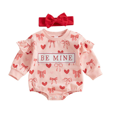 Dcohmch Baby Girl Valentines Day Outfit Long Sleeve Heart Bow Print Romper With Headband Newborn Valentine Clothes (Pink, 0-3 Mo
