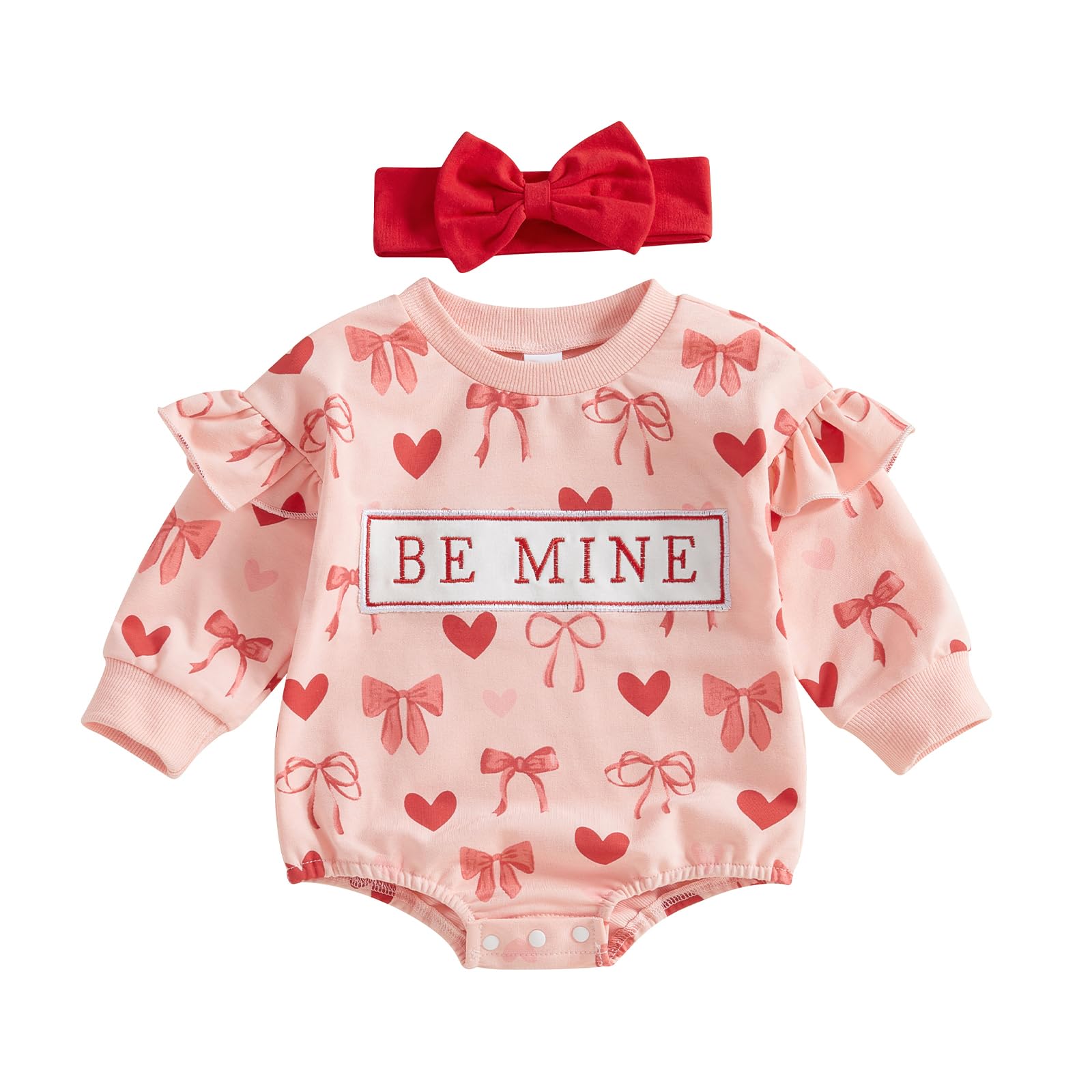 Dcohmch Baby Girl Valentines Day Outfit Long Sleeve Heart Bow Print Romper With Headband Newborn Valentine Clothes (Pink, 12-18