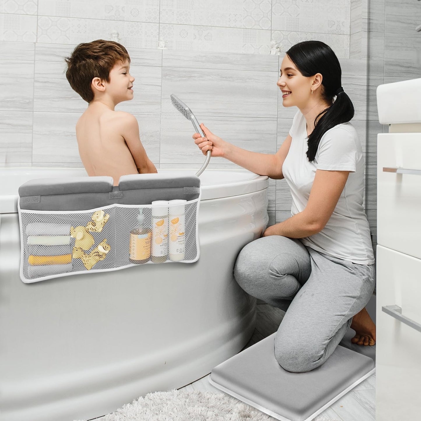 Comfortable Bath Kneeler And Elbow Kneeling Rest Pad For Baby Bathing Parents - Painless Foam Mat With Toy Organizer Pockets - Q