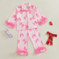 Kavousa Toddler Baby Girl Valentines Day Pajamas Heart&Bow Print Button Down Shirt + Pants Little Kids Girls Silk Pajama Set (Fe